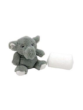 Grey Elephant Plush Toy and White Stroller Blanket